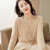 Womens Shawl - Collar Cable Knit Cashmere Cardigan V - Neck Button Coat